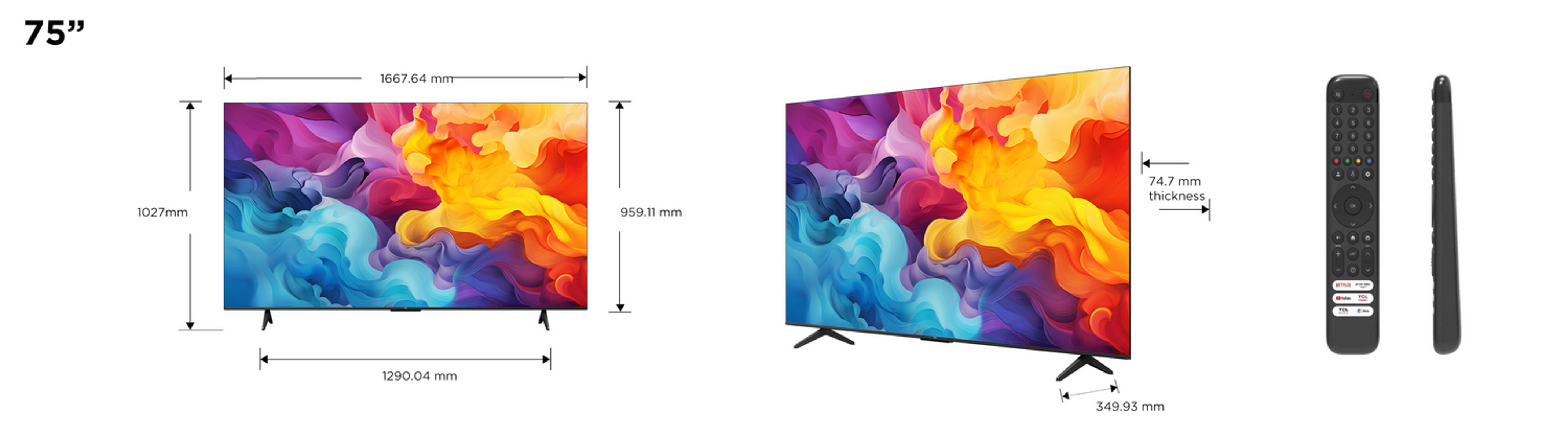 Diagrama de un televisor de 75 pulgadas con dimensiones y un mando a distancia.