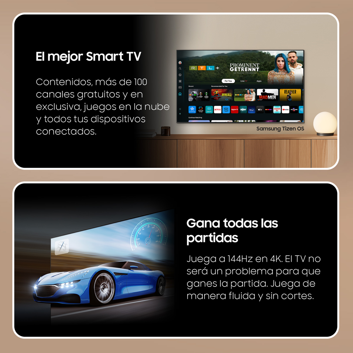 Reklama promująca telewizor Smart TV, pokazująca telewizor wyświetlający programy. Tekst w języku hiszpańskim.