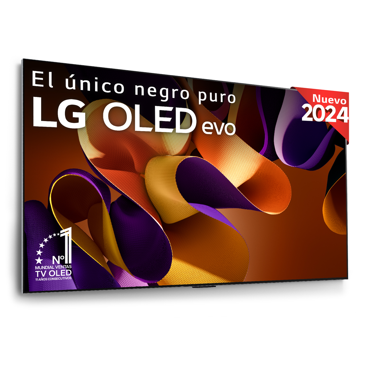 LG OLED evo TV mit farbenfrohem, abstraktem Design auf dem Bildschirm. Neuer 2024-Aufkleber oben rechts.