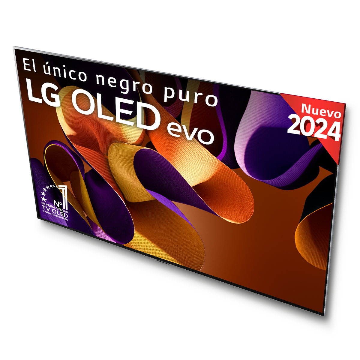 LG OLED Evo TV, die abstrakte Kunst mit geschwungenen Formen zeigt. Die Worte 'LG OLED evo' werden angezeigt.