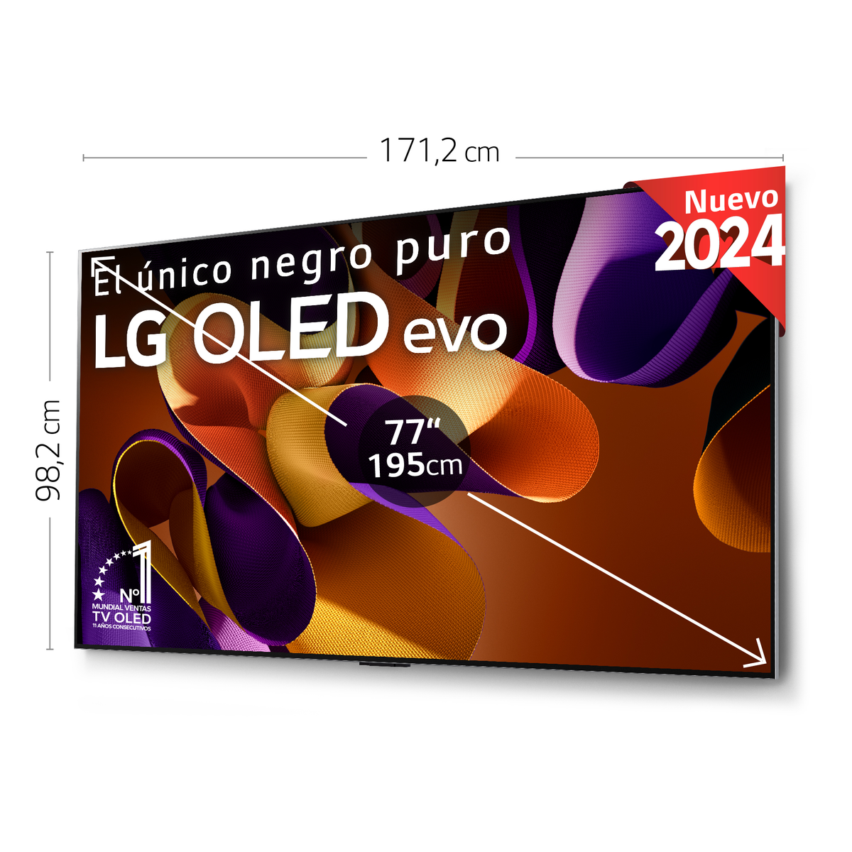 LG OLED evo TV. Großer Bildschirm mit farbenfroher Anzeige, schwarzem Rahmen und Standfuß. Nuevo 2024-Tag.