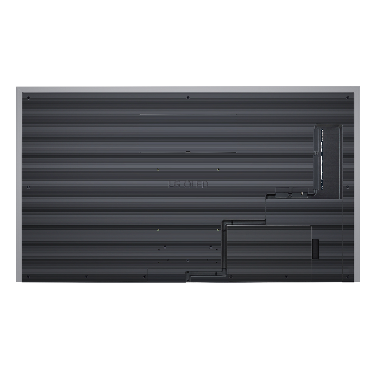 Eine schwarze LG OLED TV-Rückwand mit sichtbaren Anschlüssen und Verbindungen.