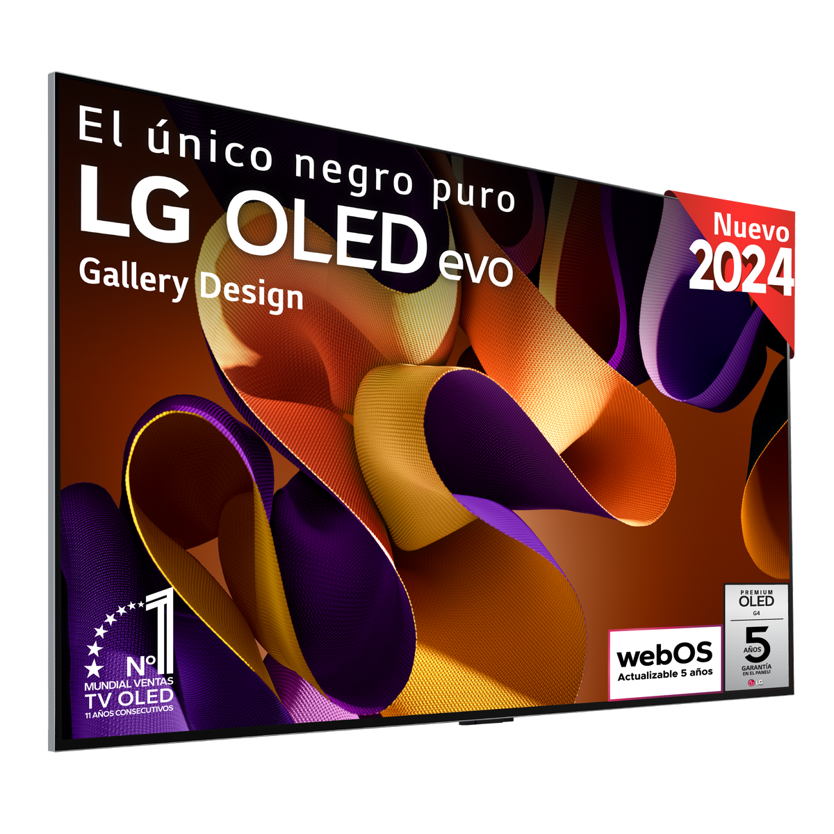 LG OLED evo TV, schwarzer Rahmen, mit Text 'El único negro puro'. Hat einen 'Nuevo 2024' Aufkleber.