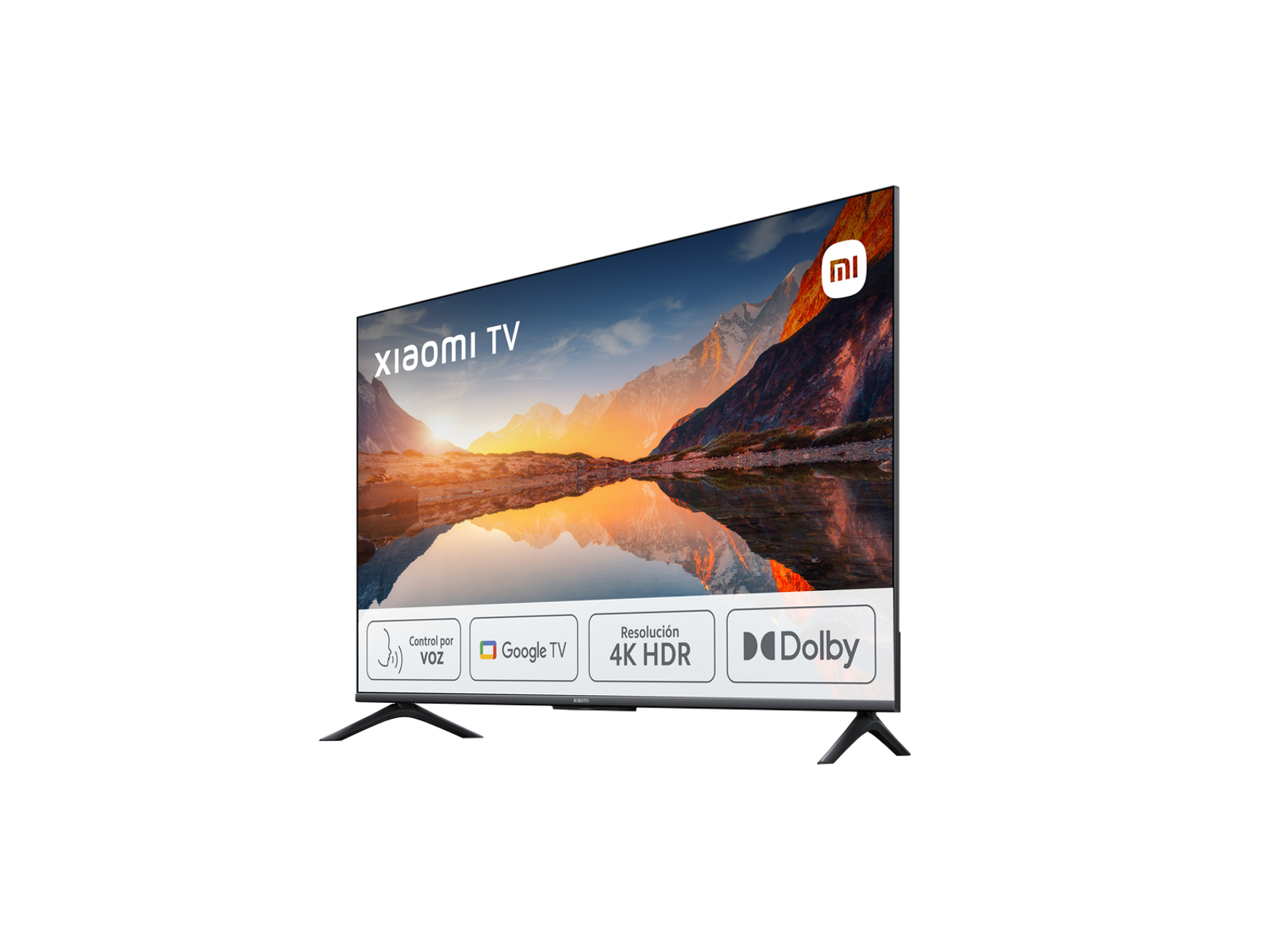 Czarny telewizor wyświetlający zachód słońca nad górami, z tekstem i logo.