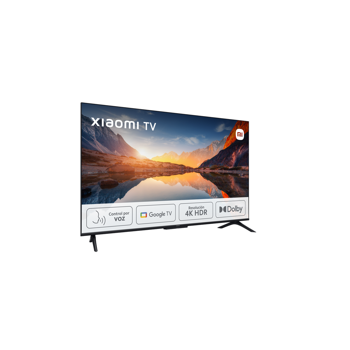 Ekran telewizora Xiaomi wyświetla górski krajobraz z jeziorem. Poniżej ikony sterowania i logo Dolby.