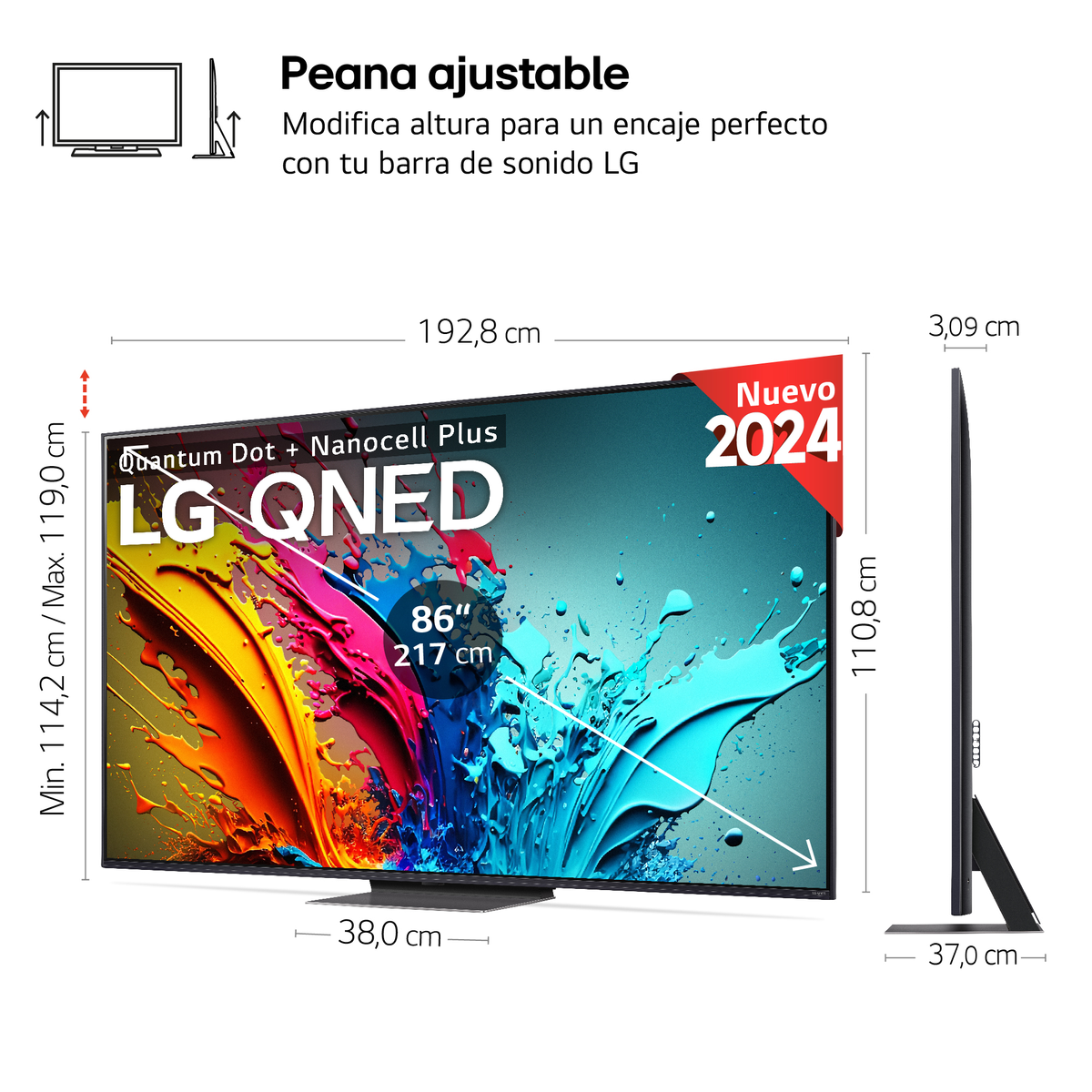 Großer LG QNED-Fernseher mit Maßen und Text.