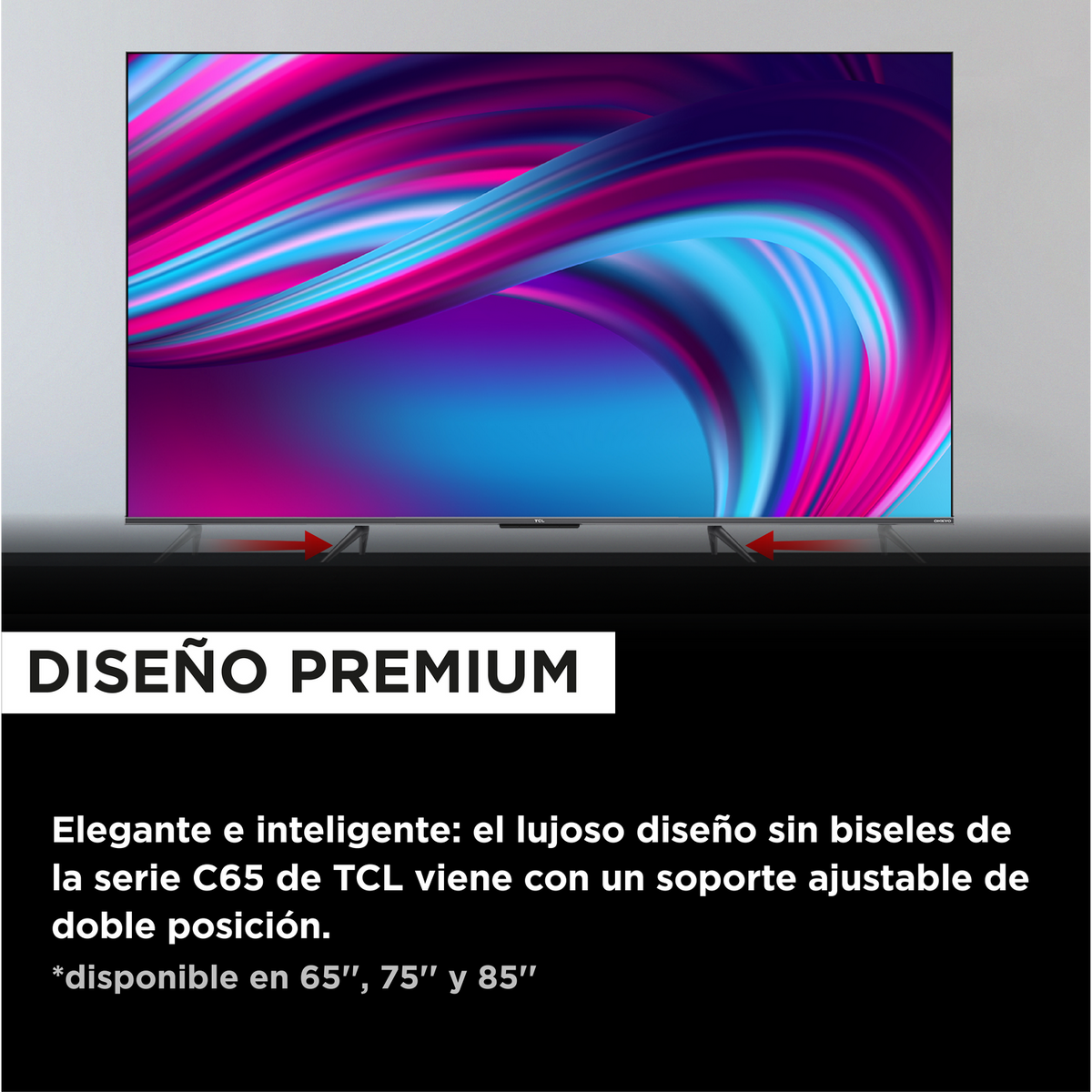 TCL TV met een premium design. Het scherm toont abstracte kleuren. Tekst onderaan.