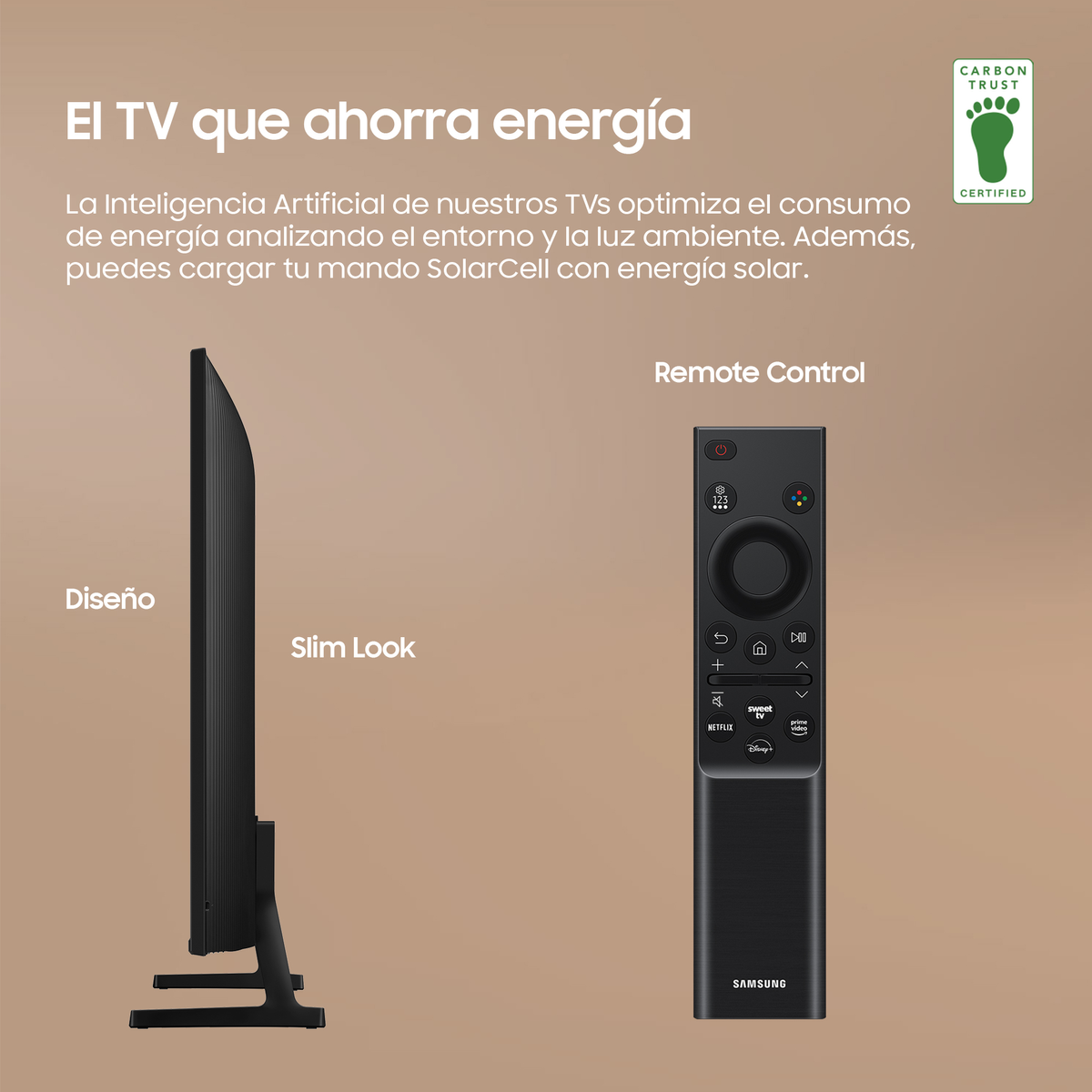 Un televisor con diseño delgado y mando a distancia.