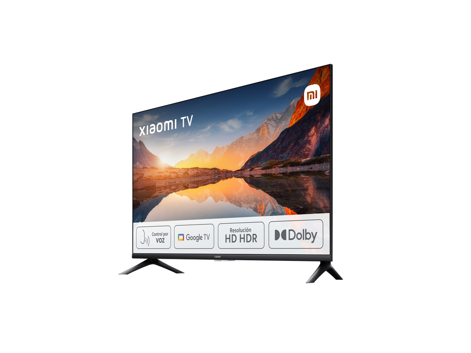 Telewizor Xiaomi wyświetla scenę górską. Ma cienką czarną ramę i dwie czarne nóżki.