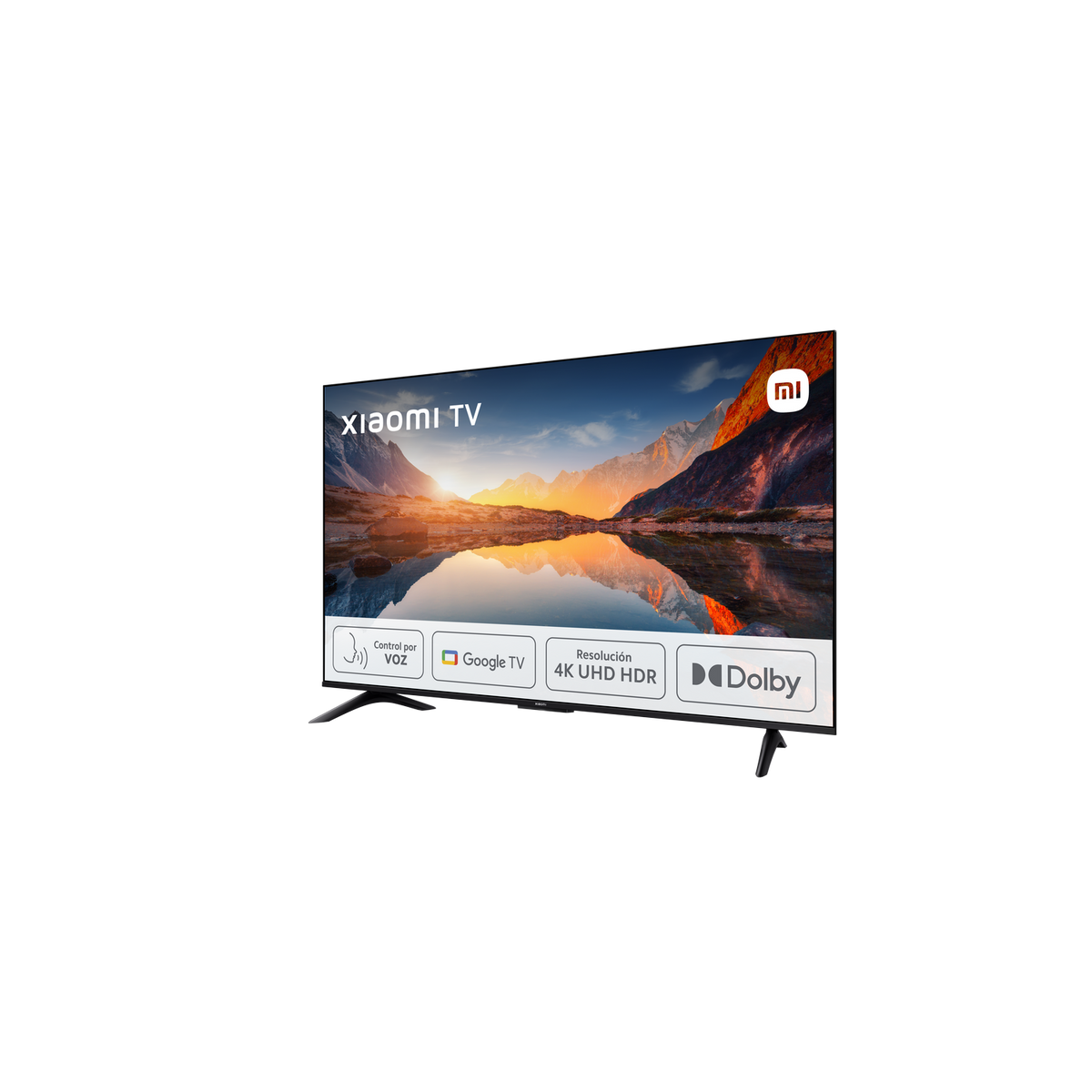 Een zwarte tv toont een schilderachtig uitzicht op bergen die weerspiegeld worden in het water. De tv heeft het Xiaomi-logo.