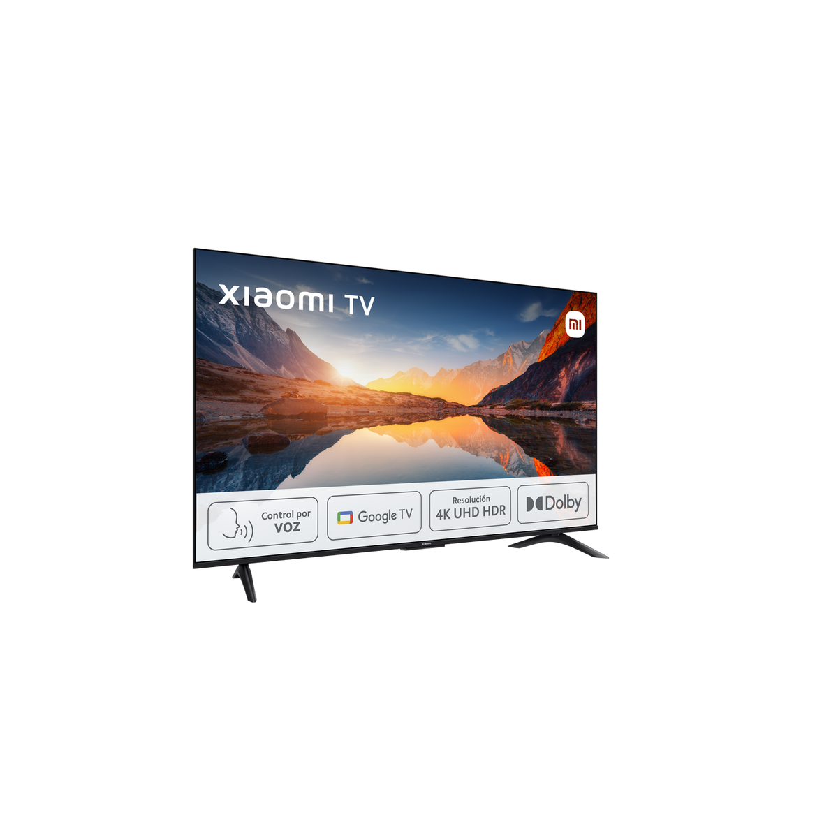 Xiaomi TV toont een berg- en meerlandschap met pictogrammen voor spraakbesturing en 4K HDR.