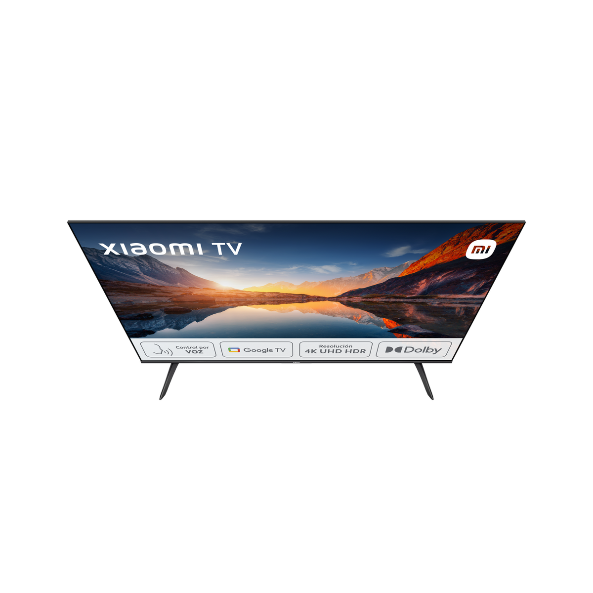 Een zwarte tv met een scherm met een landschapsbeeld. De tv heeft een standaard.