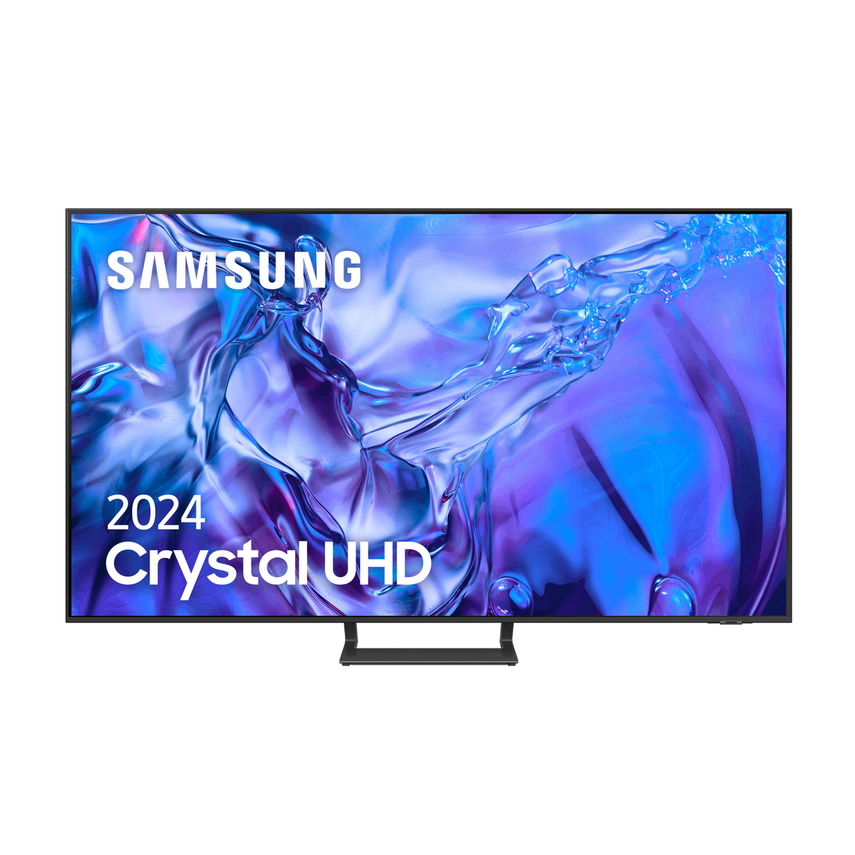 Telewizor Samsung z motywem wody na wyświetlaczu, podstawą i marką. Zawiera pilot SolarCell.