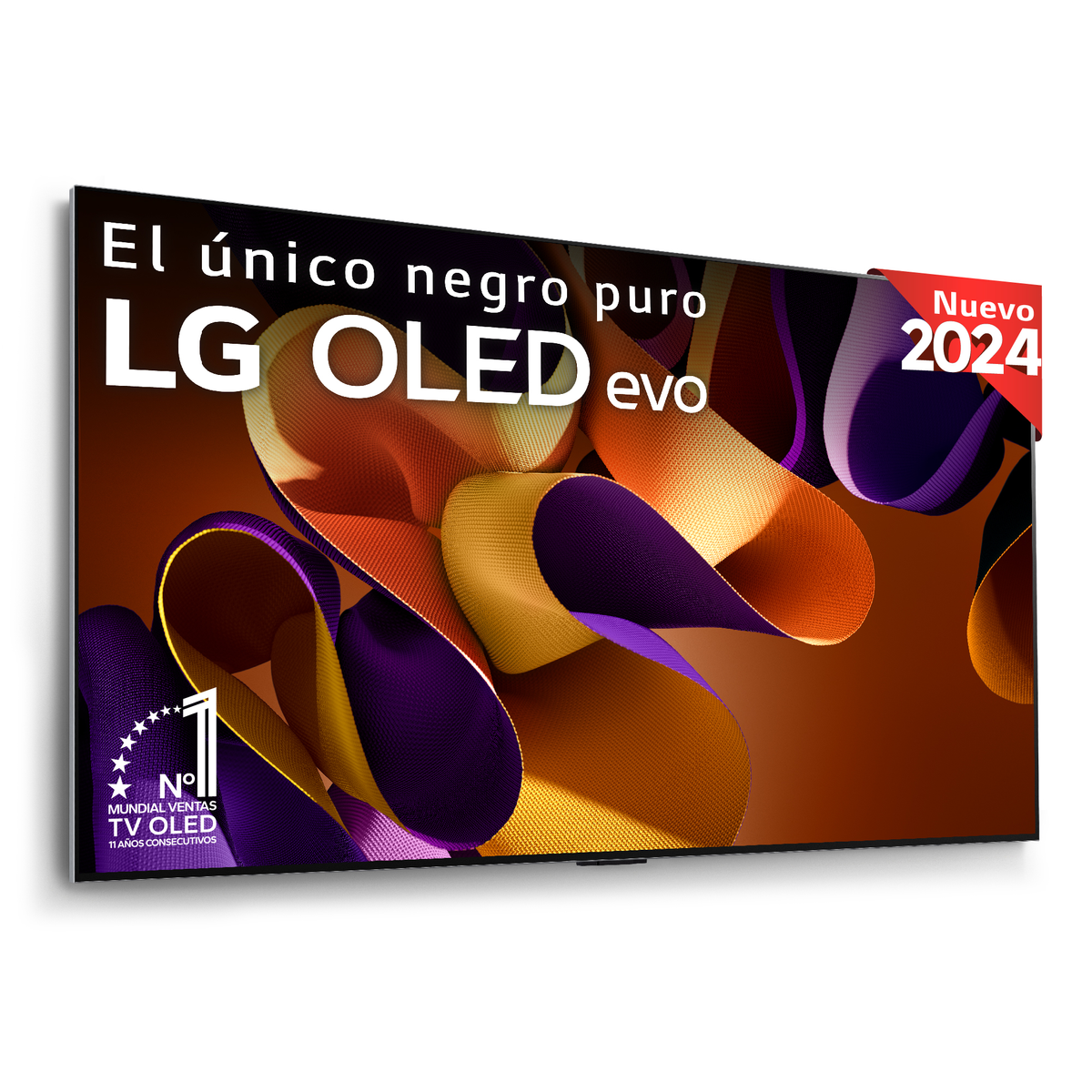TV LG OLED Evo con una imagen abstracta colorida en la pantalla. El TV tiene una etiqueta roja 'Nuevo 2024' en la parte superior derecha.