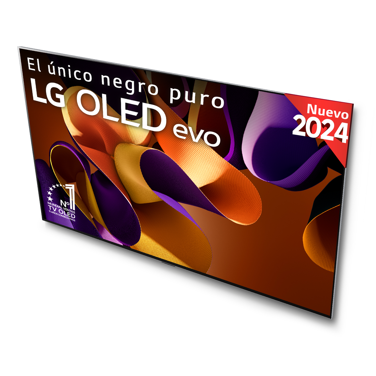 Una pantalla de TV curva LG OLED evo, con texto: El único negro puro, Nuevo 2024, y logotipo.