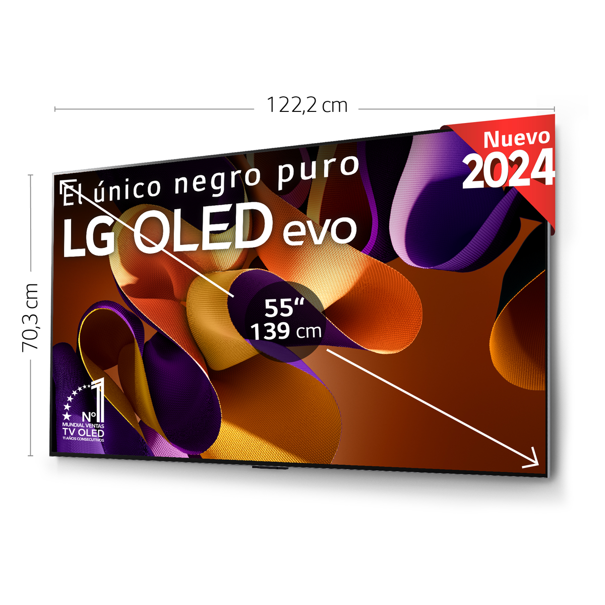 Pantalla de TV LG OLED evo, con dimensiones etiquetadas, muestra un diseño abstracto colorido.