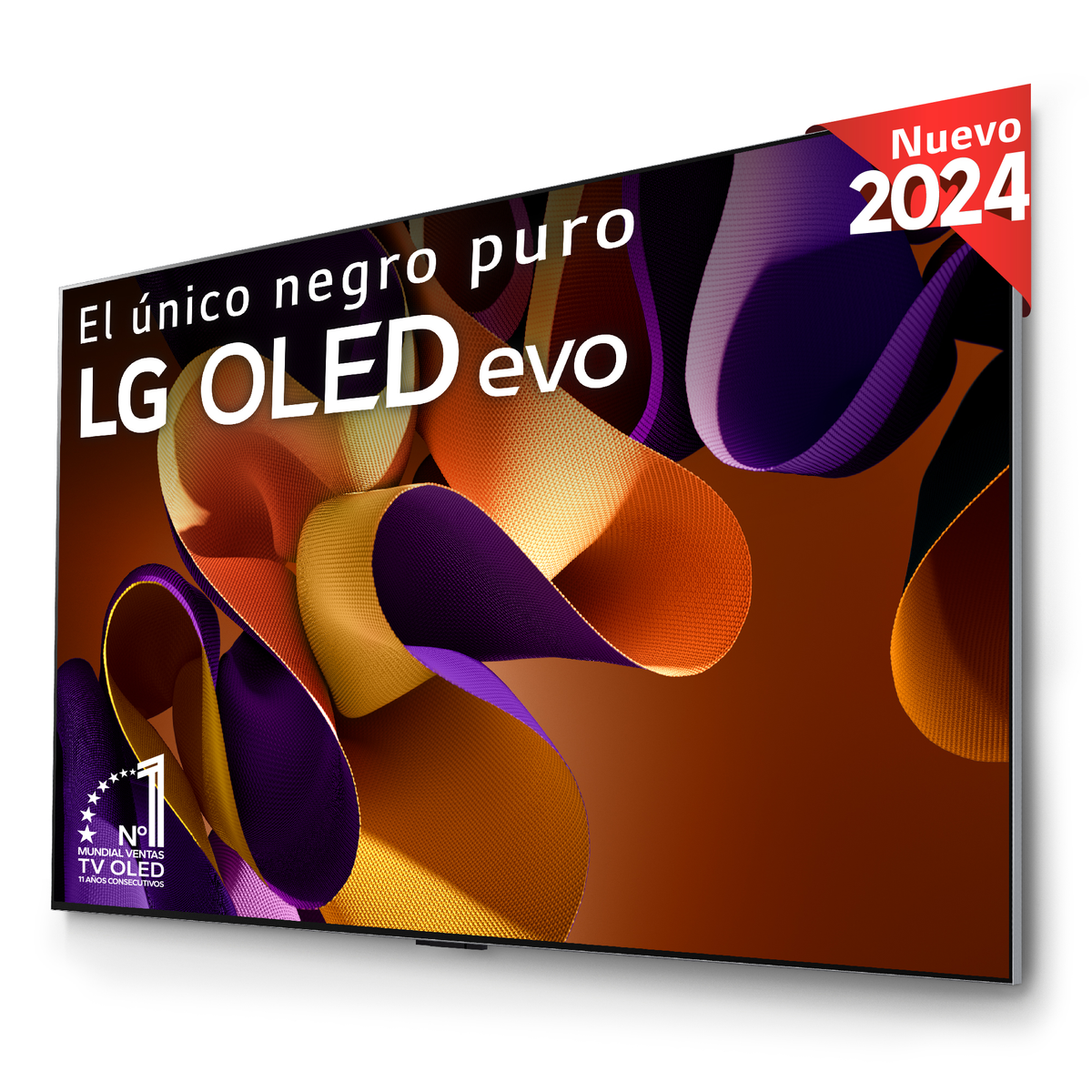 TV LG OLED evo negro con pegatina 2024 sobre fondo blanco.