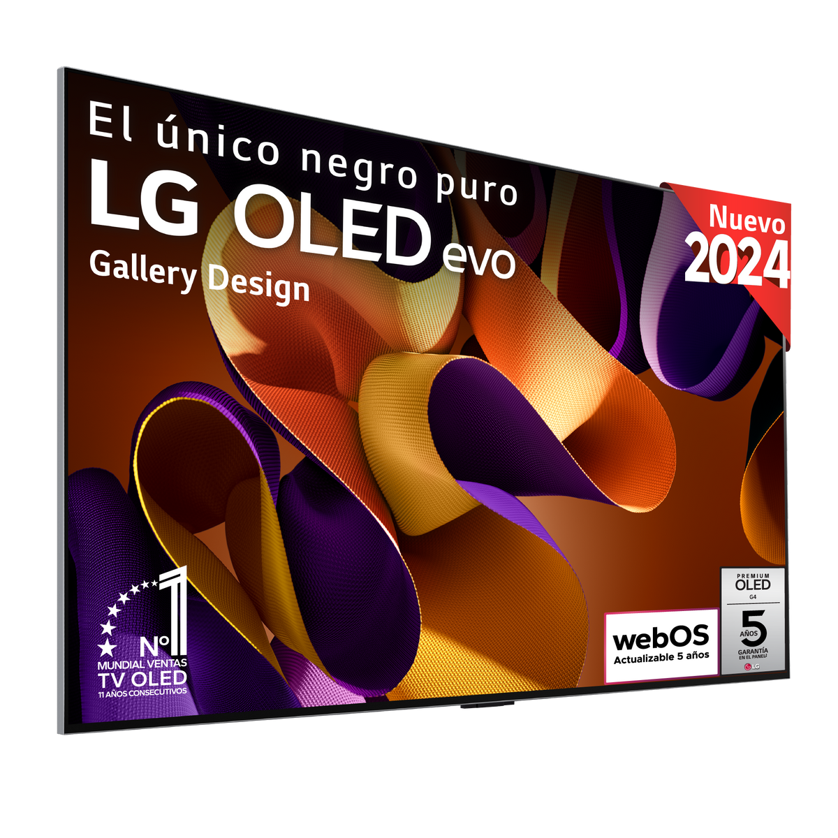TV LG OLED evo con diseño abstracto y colorido en pantalla, y etiqueta 'Nuevo 2024'.