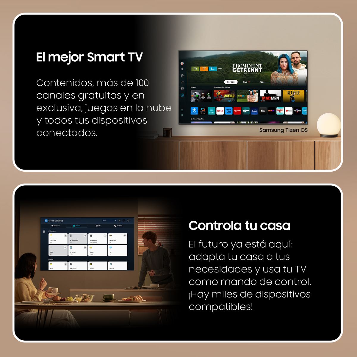 Uno schermo TV intelligente con app e contenuti visualizzati. Due immagini con persone che usano dispositivi intelligenti.