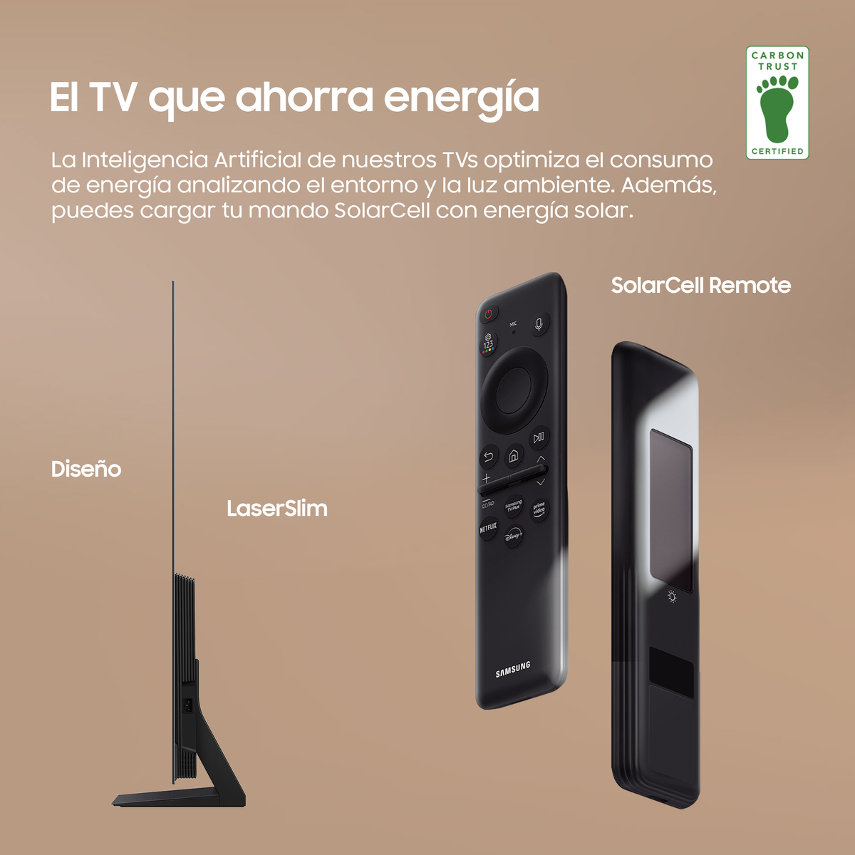 Telewizor i dwa piloty. Telewizor jest smukły i zasilany energią słoneczną.