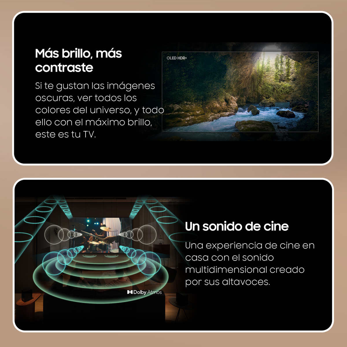 Dwa panele z tekstem o funkcjach telewizora, jeden ze zdjęciem lasu i falami dźwiękowymi.