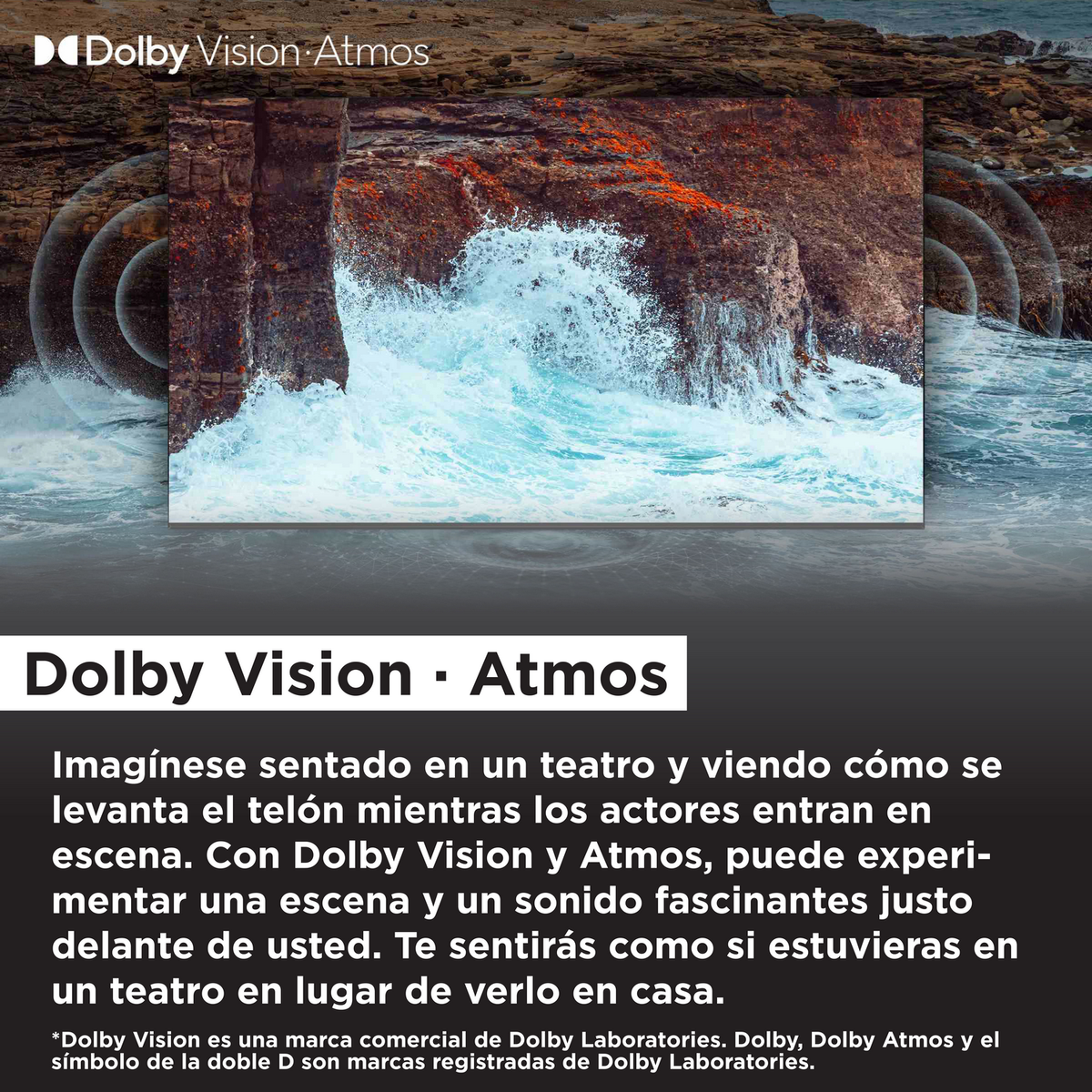 Image montrant une scène de plage dans un téléviseur. Texte sur Dolby Vision Atmos.