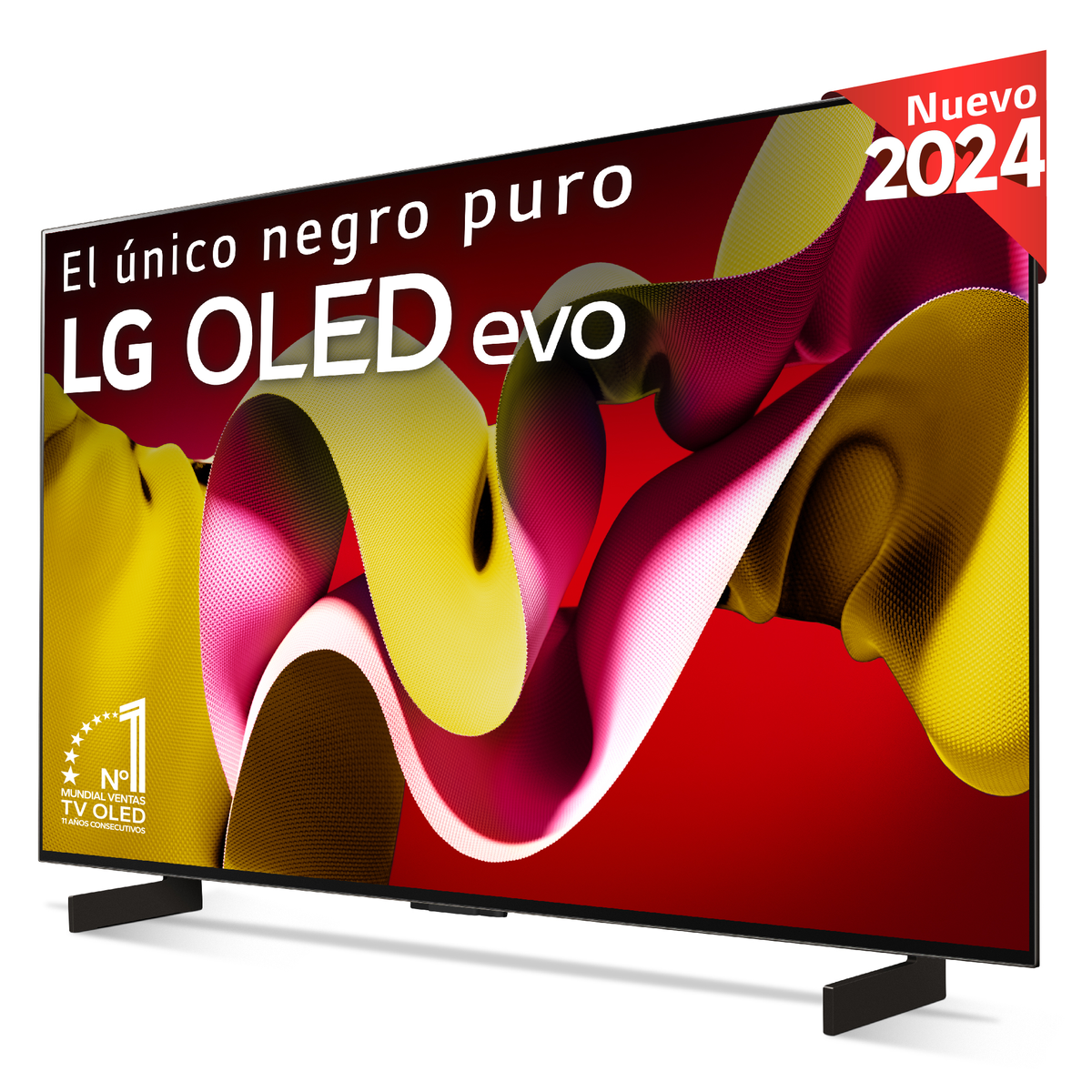 A TV with black frame and stand, with the text Nuevo 2024.