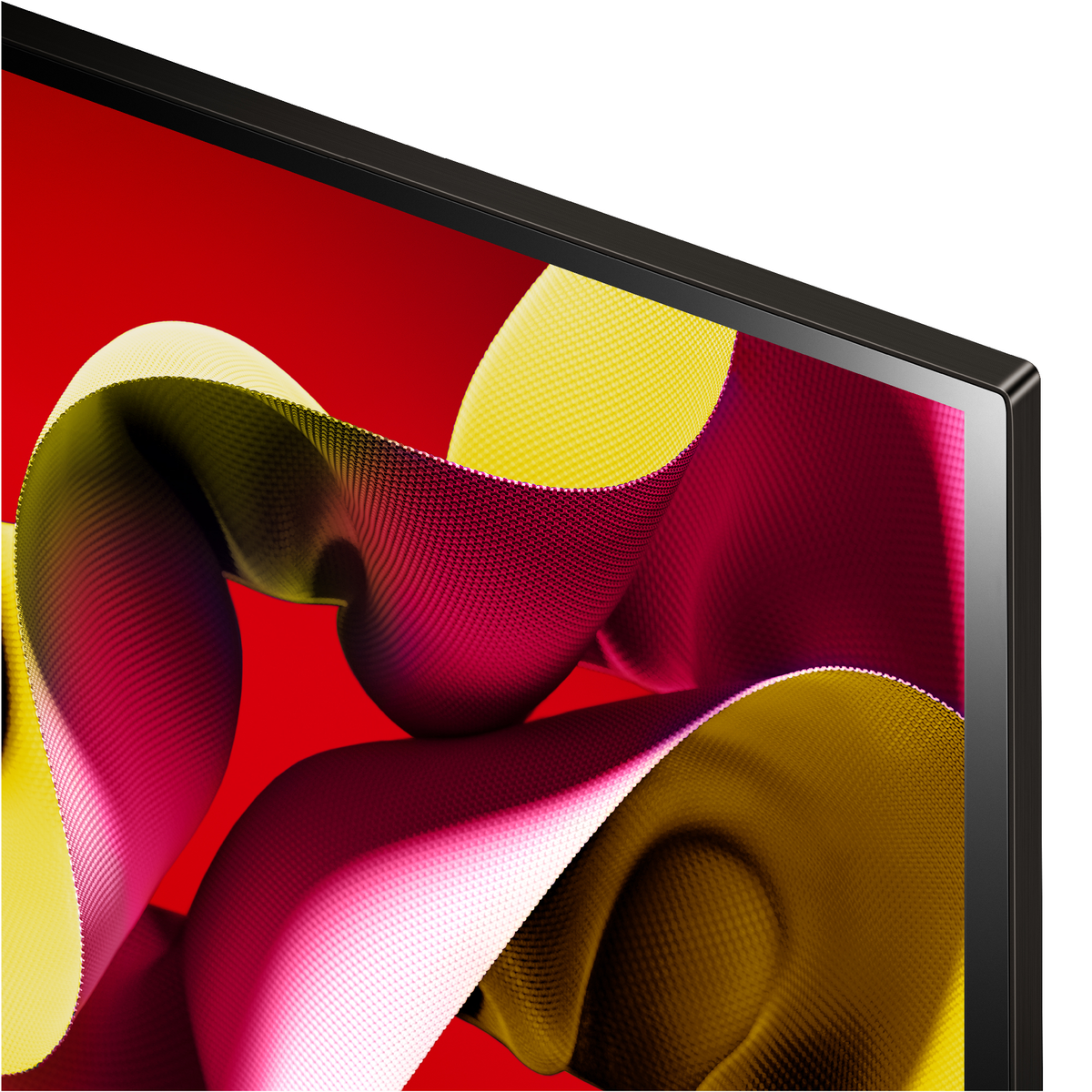 Close-up of a TV screen showing a colorful, abstract design with red, yellow, and black colors.