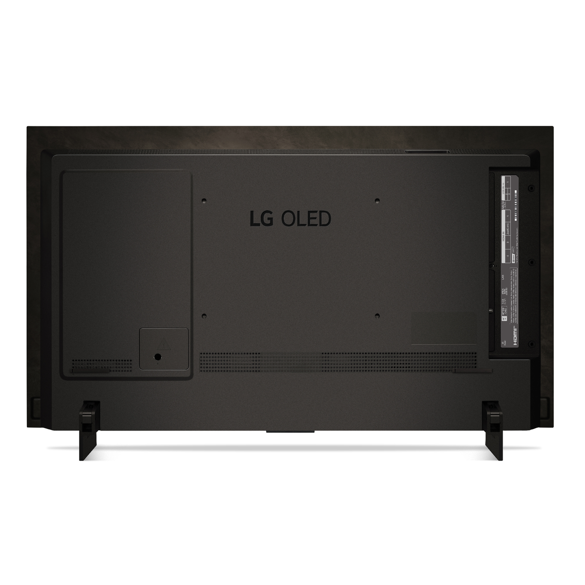 Achterkant LG OLED TV. Toont LG OLED branding, poorten en standaard. De achterkant is zwart.