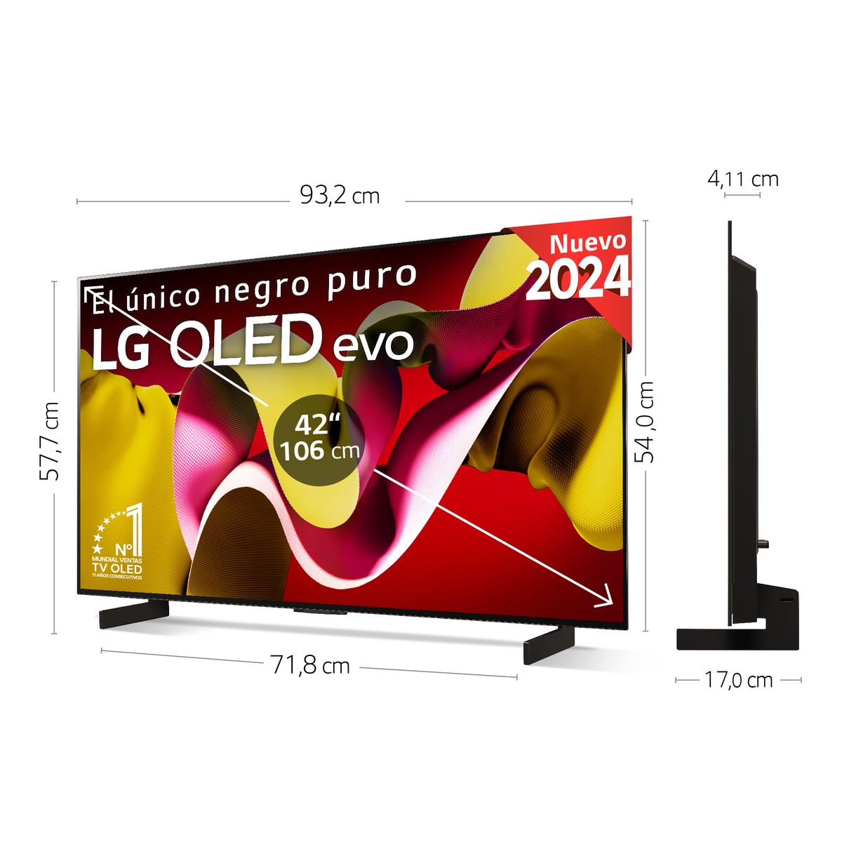 Een zwarte LG OLED evo TV met afmetingen en een zijaanzicht. Hij heeft een standaard.
