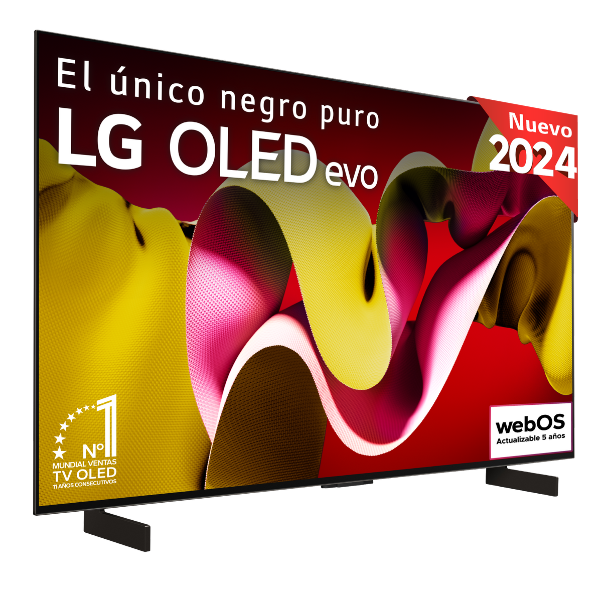 LG OLED evo TV, zwart frame, rode achtergrond, met een 2024-sticker.