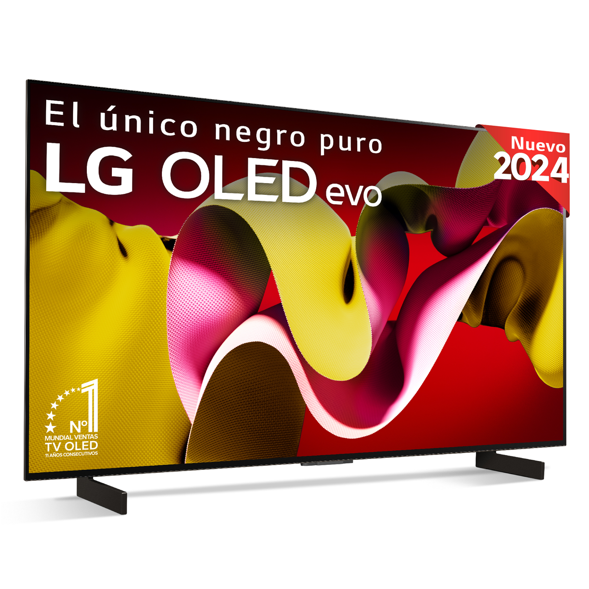 LG OLED evo TV met rode en gele abstracte kunst en een 'Nuevo 2024'-label.