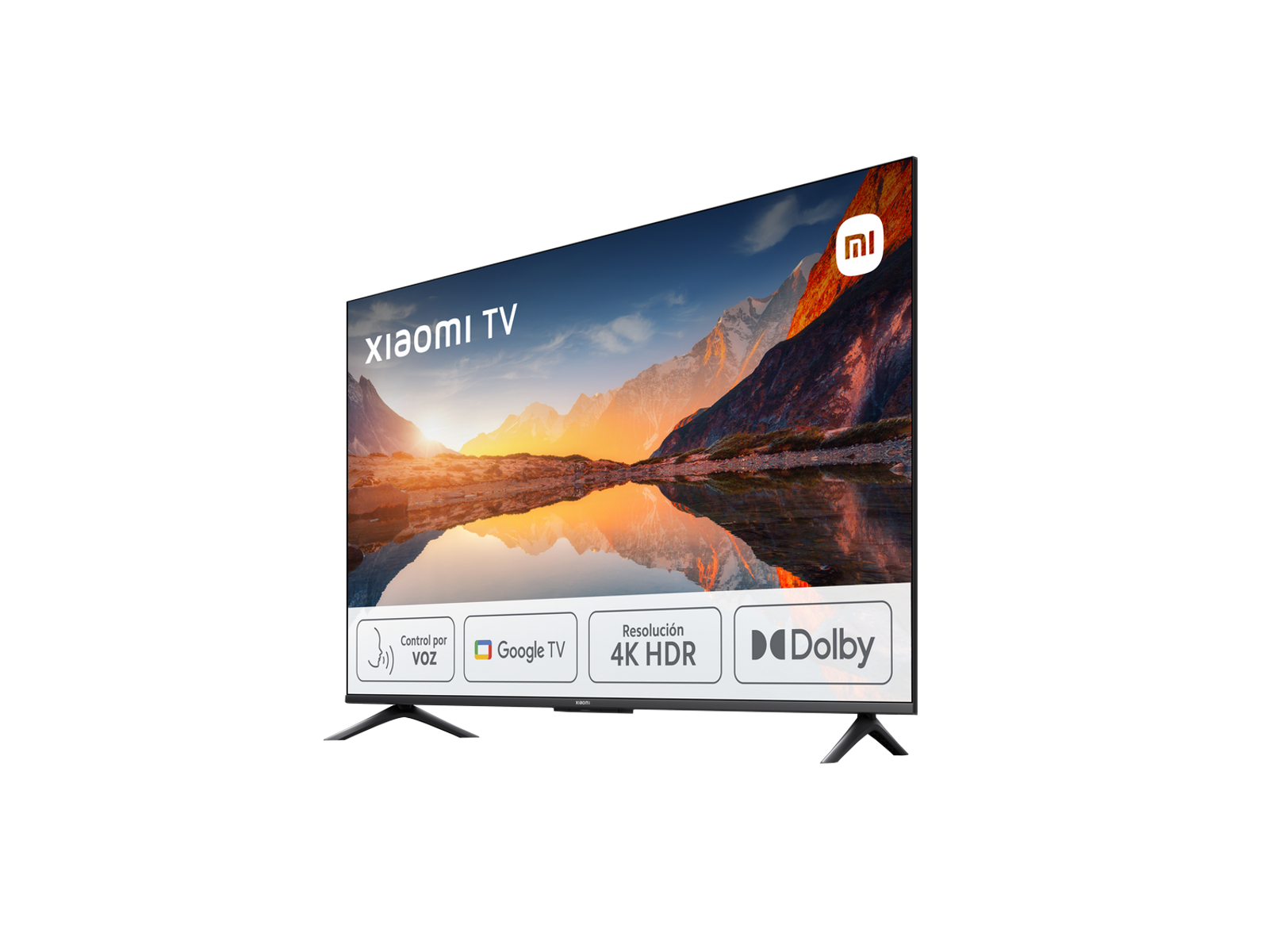 Zwarte Xiaomi tv, schuine weergave, met een landschapsscène op het scherm.