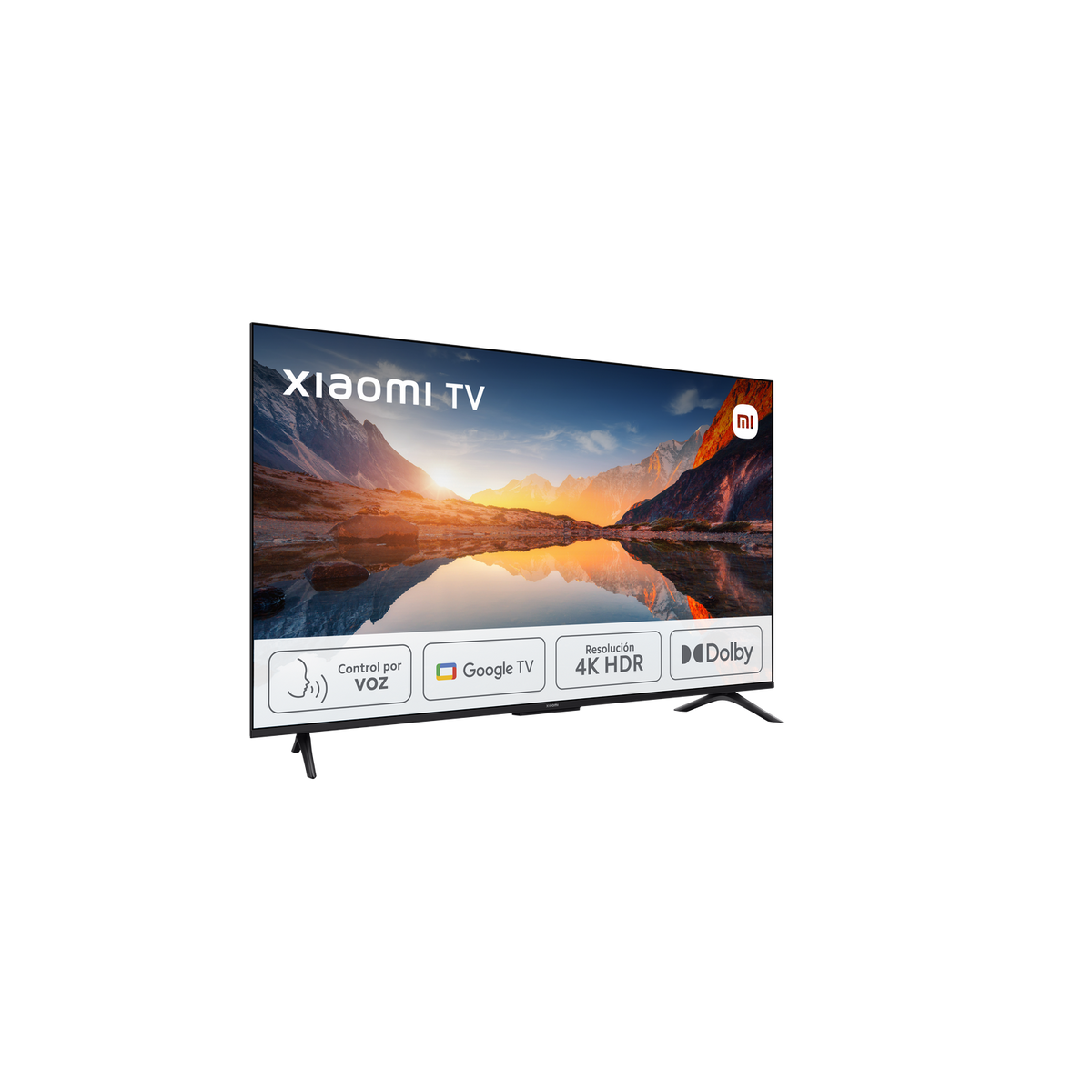 Een Xiaomi TV die een schilderachtig berg- en merenlandschap weergeeft met pictogrammen voor spraakbesturing, Google TV en Dolby.