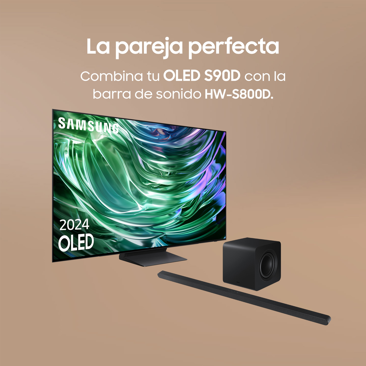 Telewizor, soundbar i subwoofer. Telewizor wyświetla wzory.