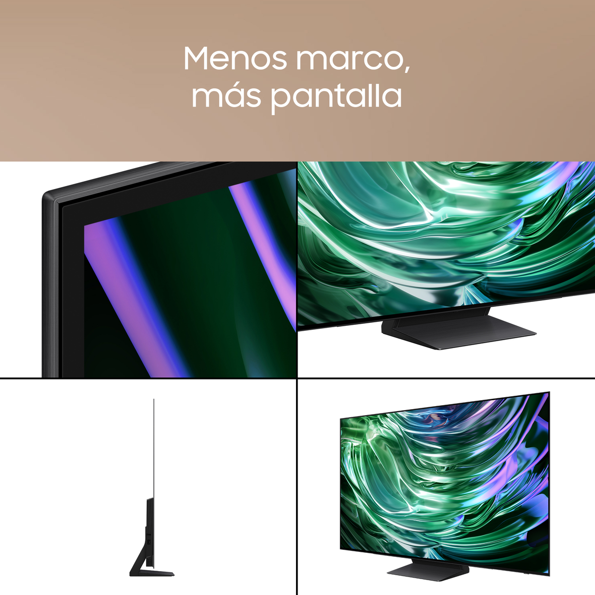 Wyświetlacz TV pokazujący obraz z czterema różnymi widokami. Telewizor stoi na czarnej podstawie.