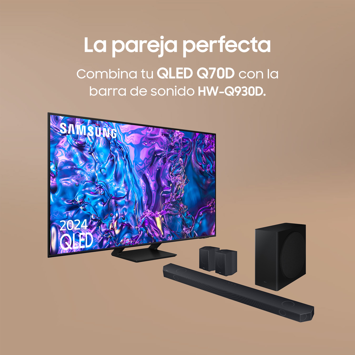 Telewizor z soundbarem i głośnikami, z tekstem 'La pareja perfecta'.