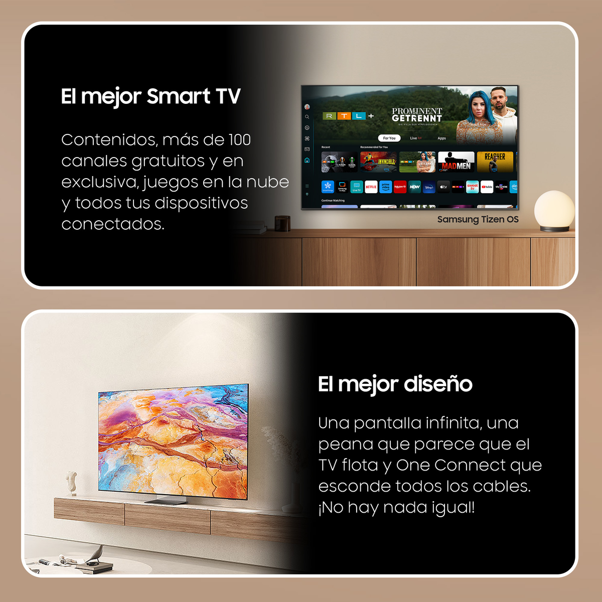 Dwa obrazy: Jeden telewizor z zawartością, drugi telewizor na ścianie. Tekst o Smart TV i cechach designu.