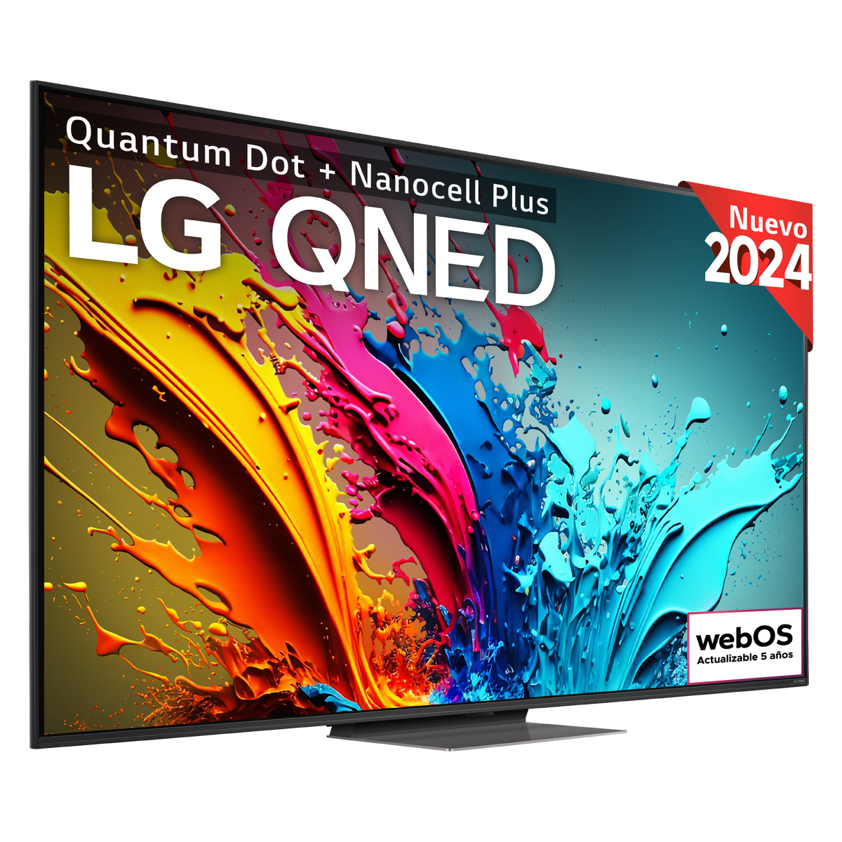TV LG QNED con una imagen abstracta colorida en la pantalla y una pegatina 'Nuevo 2024'.