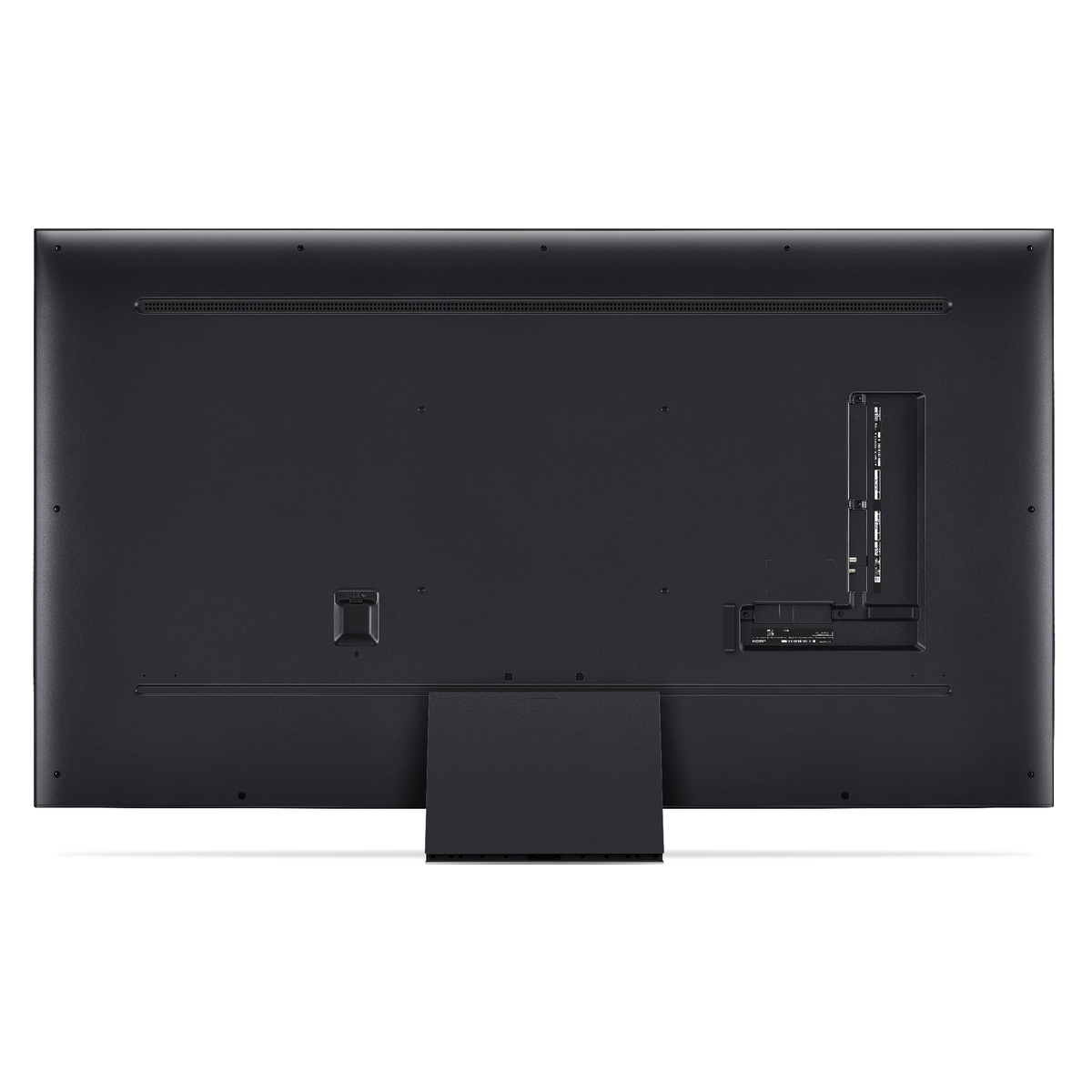 Vista trasera de un televisor negro grande sobre un soporte. Incluye puertos y conexiones visibles en la parte trasera.