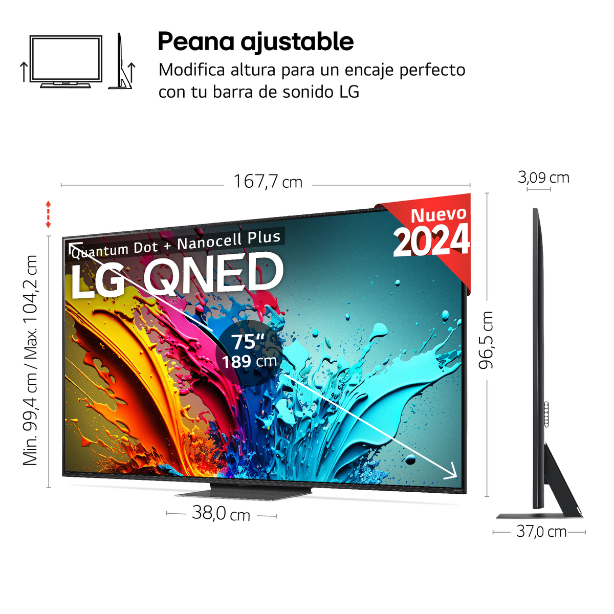 TV LG QNED, dimensiones mostradas, con soporte y etiqueta roja 'Nuevo 2024'.