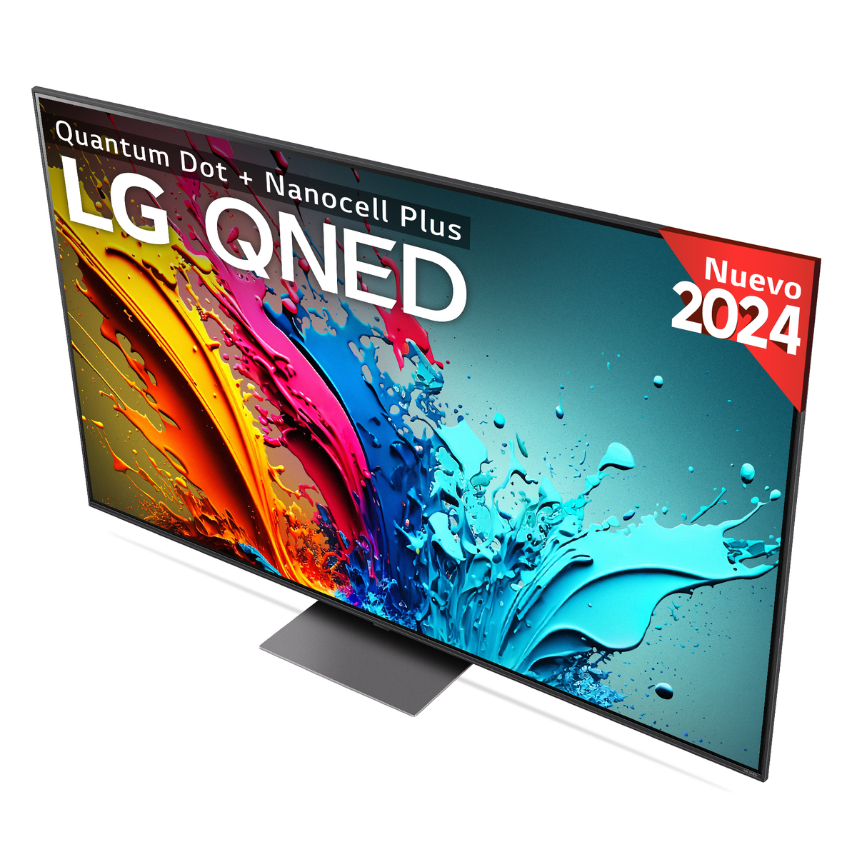 Nuevo TV LG QNED 2024. Vista en ángulo, fondo abstracto colorido.