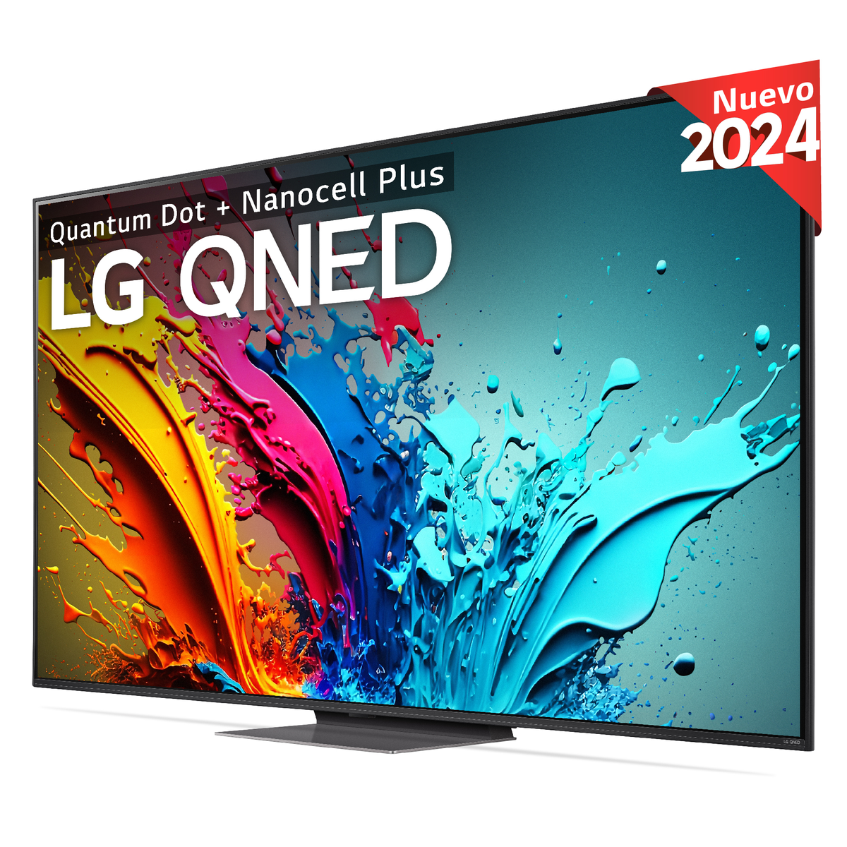 Un televisor LG QNED grande con colores vibrantes y una pegatina "Nuevo 2024".