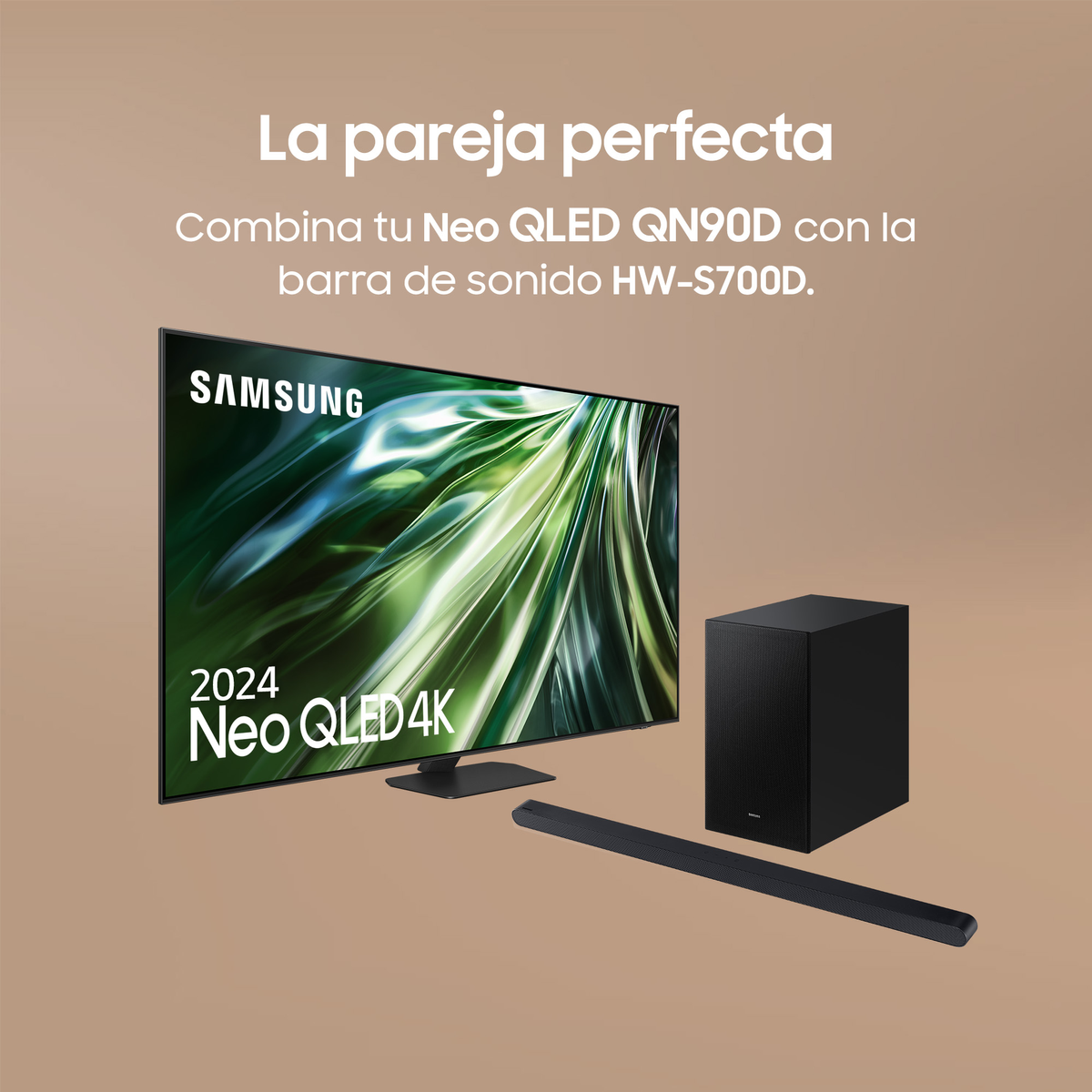 Telewizor i soundbar Samsung, z czarnym subwooferem i beżowym tłem.