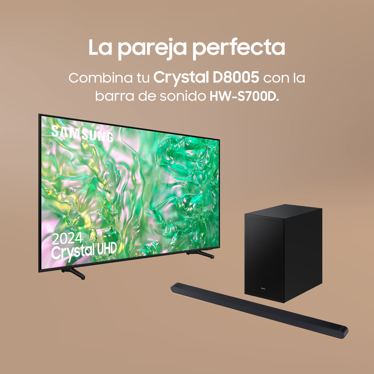 Konfiguracja telewizora i soundbaru. Telewizor Samsung i czarny soundbar. Tekst: Idealna para.