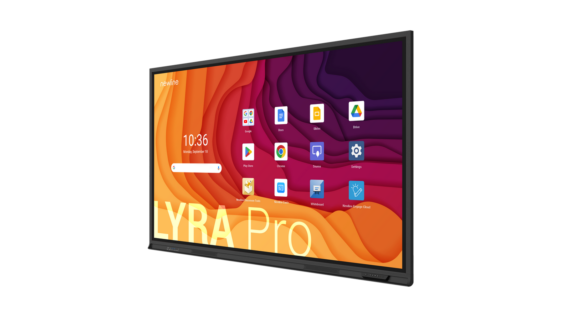 Pantalla interactiva Newline Lyra Pro con iconos de aplicaciones sobre fondo oscuro.