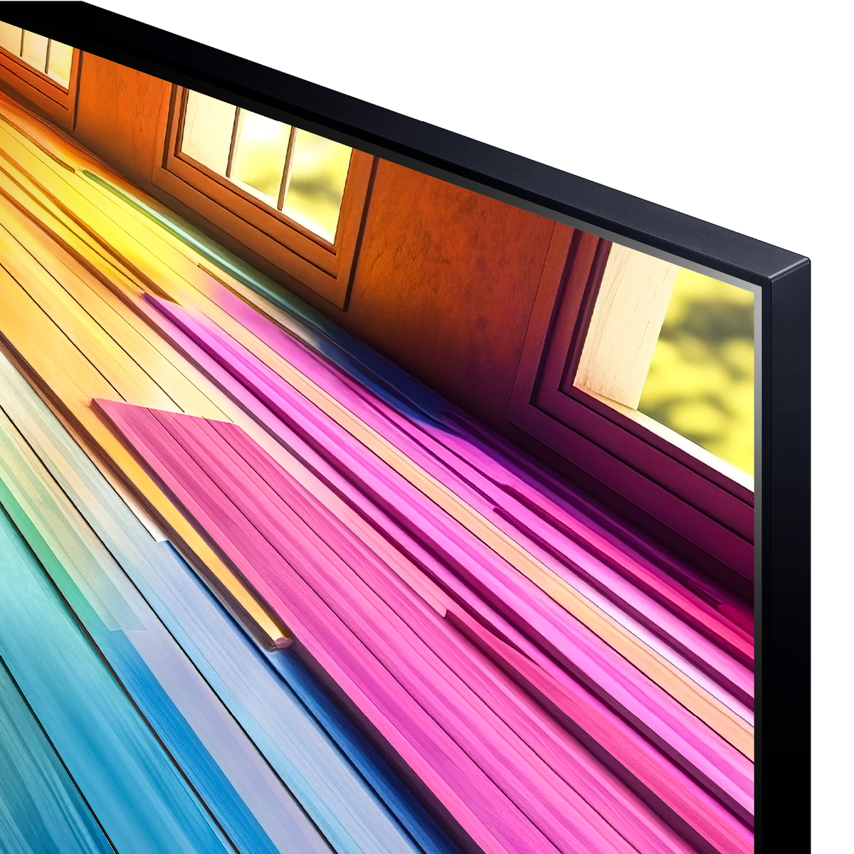 Un primer plano de una pantalla de TV. La pantalla muestra tablones de madera coloridos y angulados.