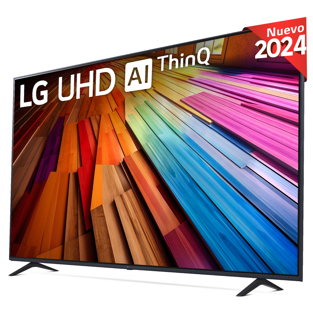 Pantalla de TV LG con arte abstracto colorido, marco negro y pegatina 'Nuevo 2024'.