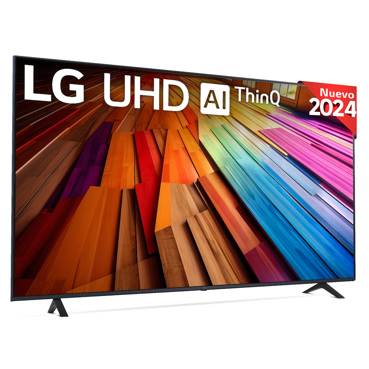 TV LG UHD AI ThinQ con pantalla colorida. La pegatina 'Nuevo 2024' está en la parte superior derecha.