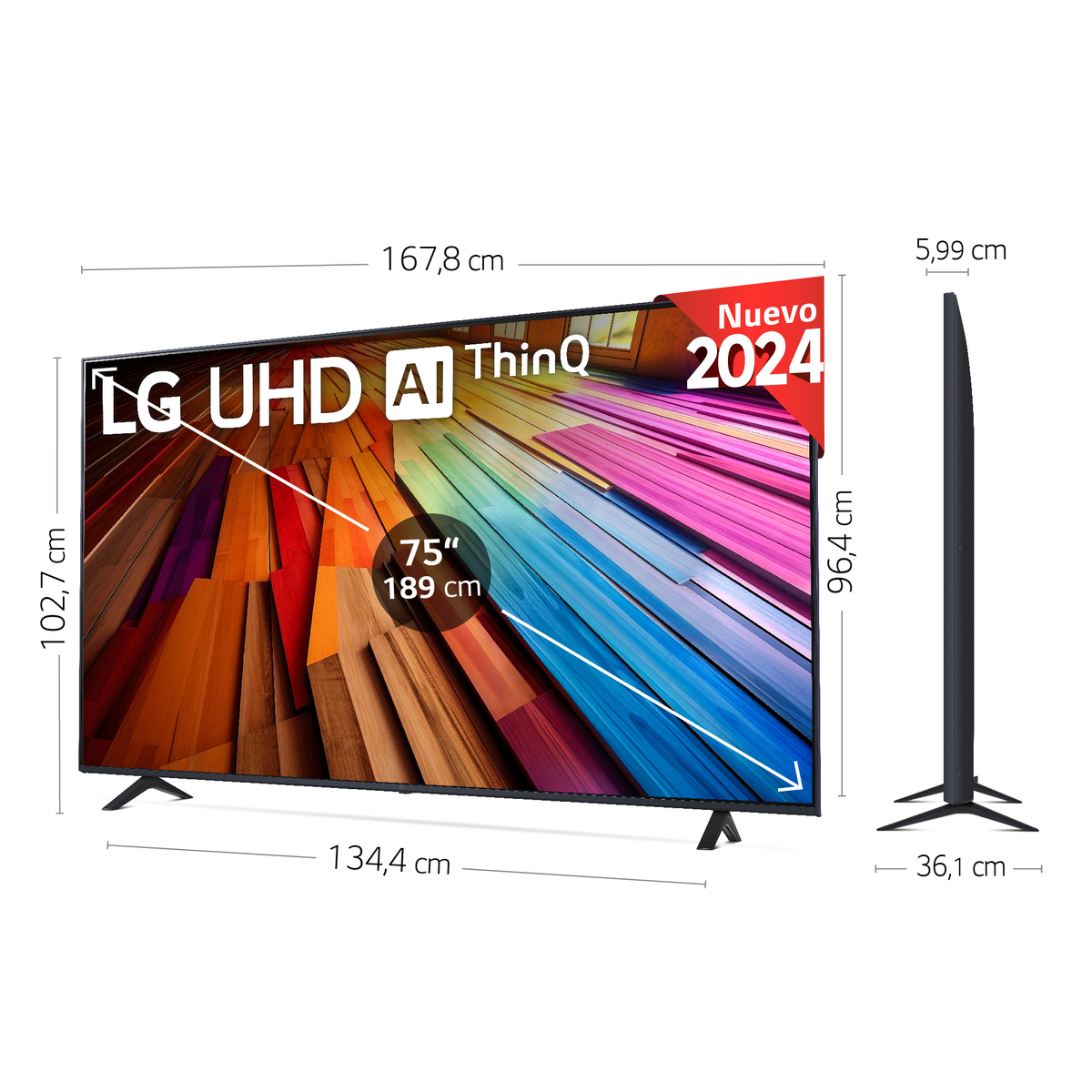 TV LG UHD AI ThinQ con dimensiones. Muestra vistas frontal y lateral con medidas y una insignia 2024.
